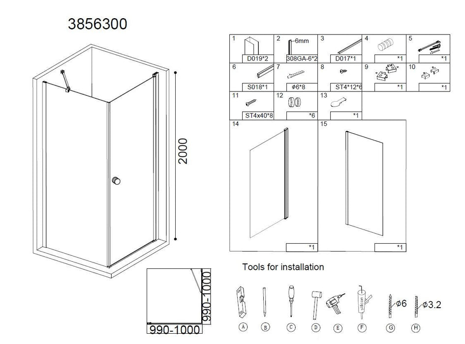 Best-Design Erico vierkante cabine met 1 swing deur 100x100x200cm NANO glas 6mm