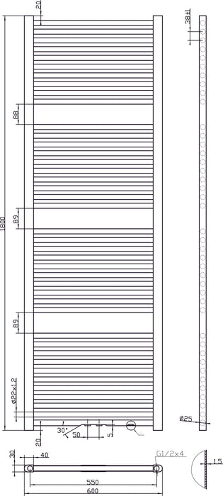 Best-Design Antraciet Zero radiator recht model 1800x600mm