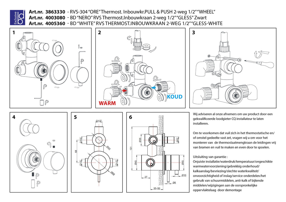 Best-Design RVS-304 Ore-Wheel thermost. inbouwkr. Pull & Push 2-weg 1/2