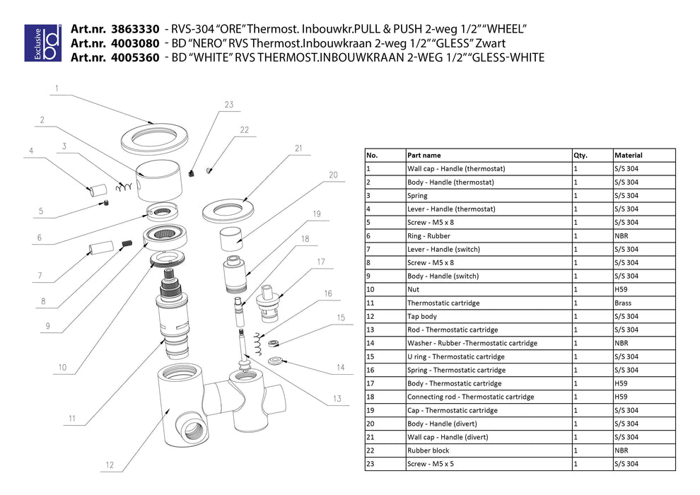 Best-Design RVS-304 Ore-Wheel thermost. inbouwkr. Pull & Push 2-weg 1/2