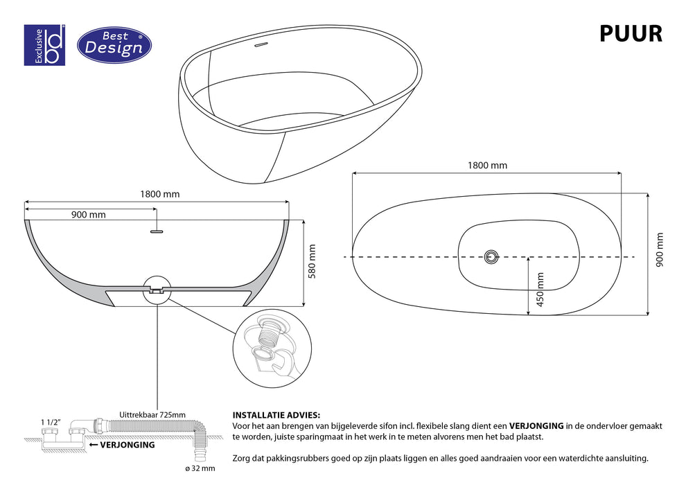 Best-Design Puur vrijstaand bad Just-Solid 180x90x58cm