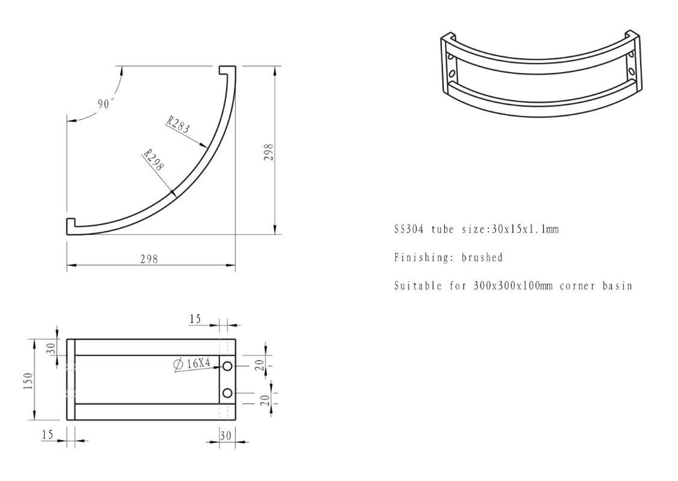 Wiesbaden montagebeugel voor hoek 30x15 cm rvs