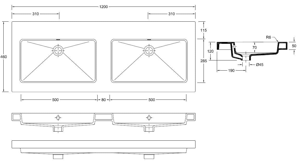Wiesbaden Kera wastafel dubbel zonder kraangat 120x46x5 cm keramiek glans wit