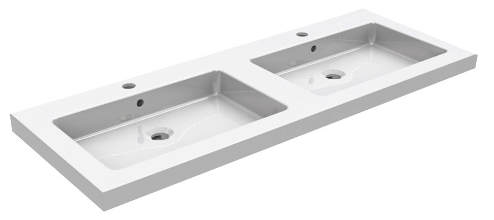 Wiesbaden Kera wastafel dubbel met 2 kraangaten 120x46x5 cm keramiek glans wit