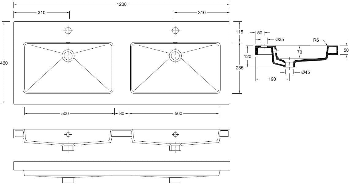 Wiesbaden Kera wastafel dubbel met 2 kraangaten 120x46x5 cm keramiek glans wit