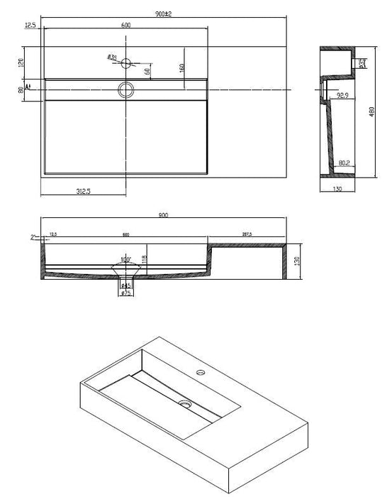 Best-Design Q90 wastafel Just-Solid 90x48x13cm
