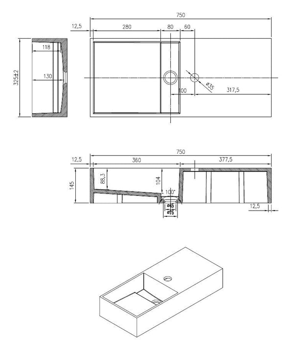 Best-Design N75 wastafel Just-Solid 75x33x15cm