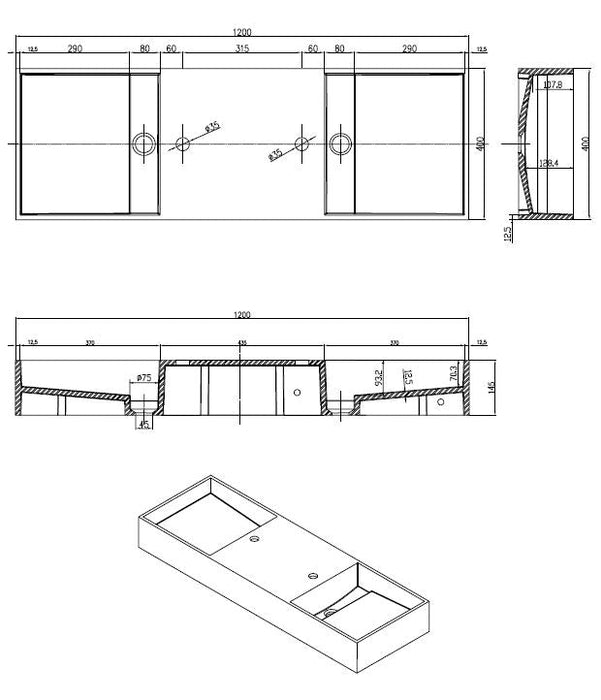 Best-Design Dubbel-120 wastafel Just-Solid 120x40x15cm