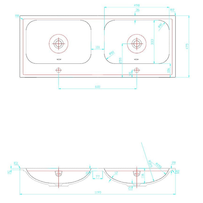 Best-Design duo-wastafel 120 cm tbv. meubel Bora zonder kraangaten