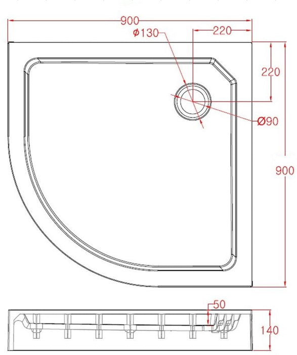 Best-Design Project opbouwdouchebak 1/4 rond 90x90x14 cm R=550