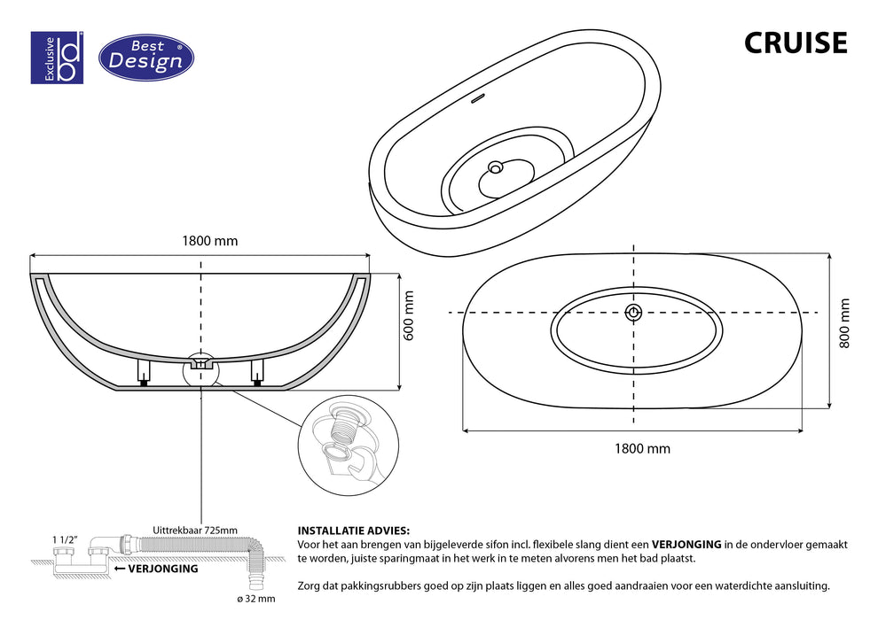 Best-Design Cruise vrijstaand bad Just-Solid 180x80x60cm