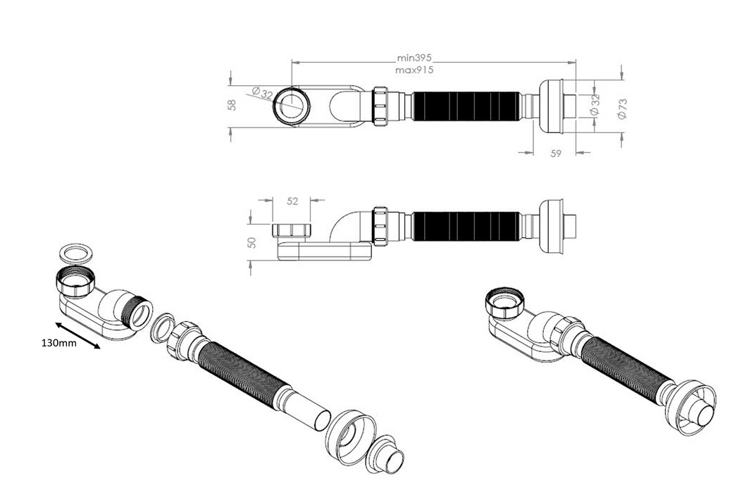 Best-Design Prome flexibele bad-afvoer-sifon 1 1/2 x 915 mm