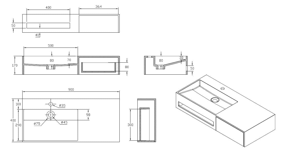 Best-Design Spring wastafel + lade Just-Solid 90x40x17cm