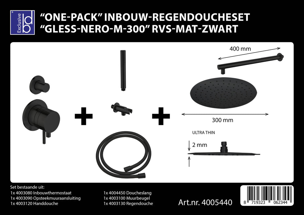 Best-Design One-Pack inbouw-regendoucheset Gless-Nero M-300 RVS Mat-Zwart