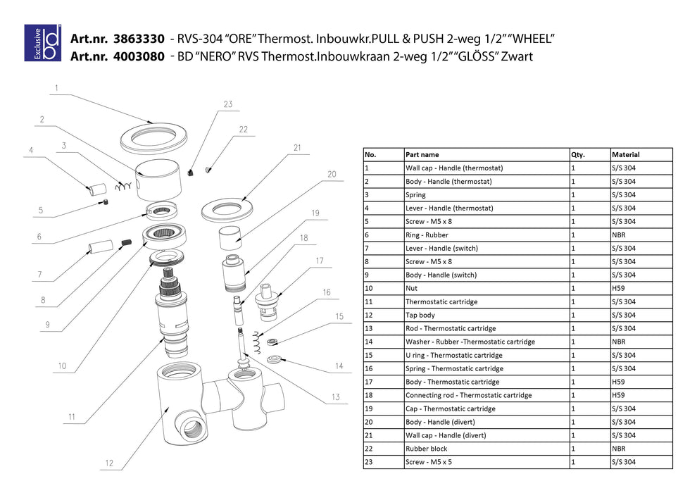 Best-Design One-Pack inbouw-regendoucheset Ore-Wheel-M-300 RVS-304