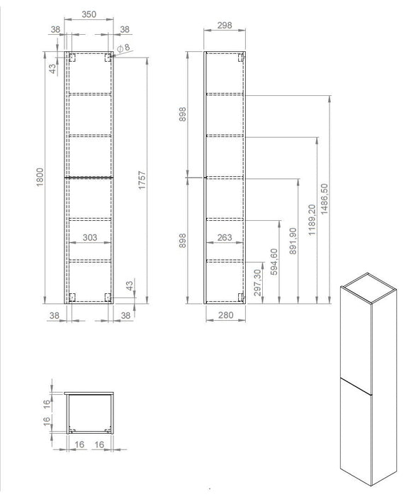 Best-Design Blanco-Oceanic hoge kolomkast L&R 35x180 cm