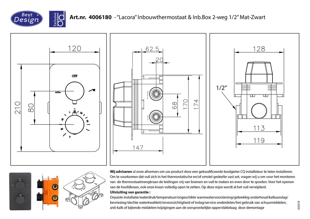 Best-Design Lacora inbouwthermostaat & inb.box 2-weg 1/2 Nero ronde knoppen