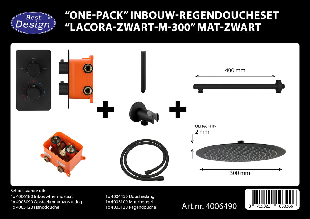 Best-Design One-Pack inbouw-regendoucheset Lacora-Nero M-300 Mat-Zwart