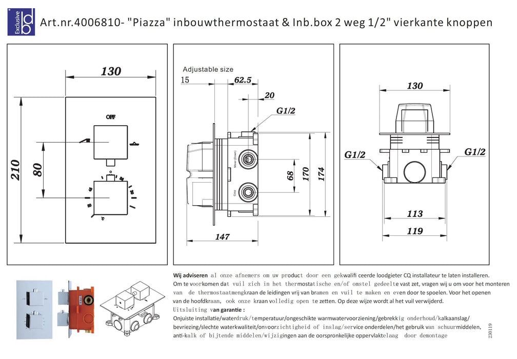 Best-Design Piazza inbouwthermostaat & Inb.box 2 weg 1/2 vierkante knoppen