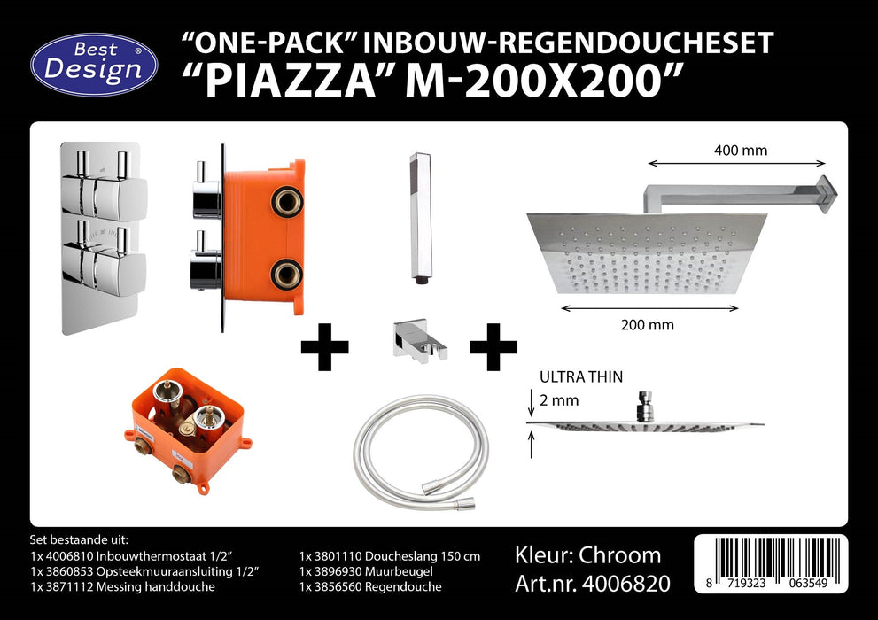 Best-Design One pack inbouw-regendoucheset & Inb.box Piazza vierkant M-200x200