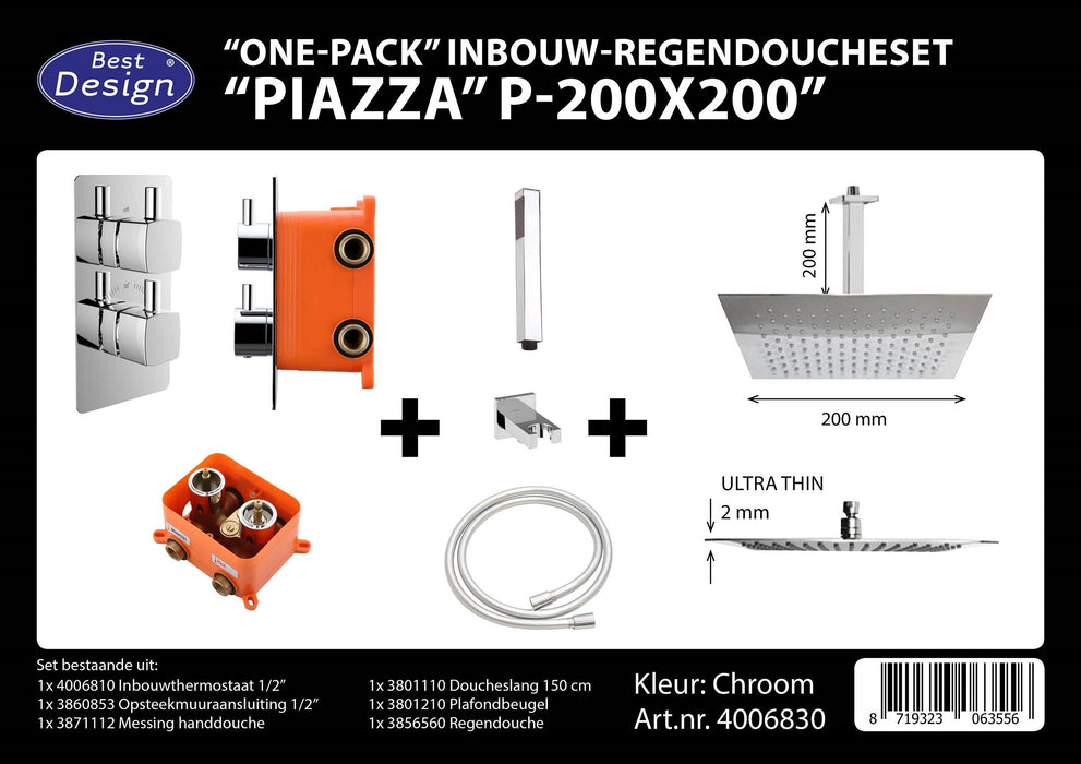 Best-Design One pack inbouw-regendoucheset & Inb.box Piazza vierkant P-200x200