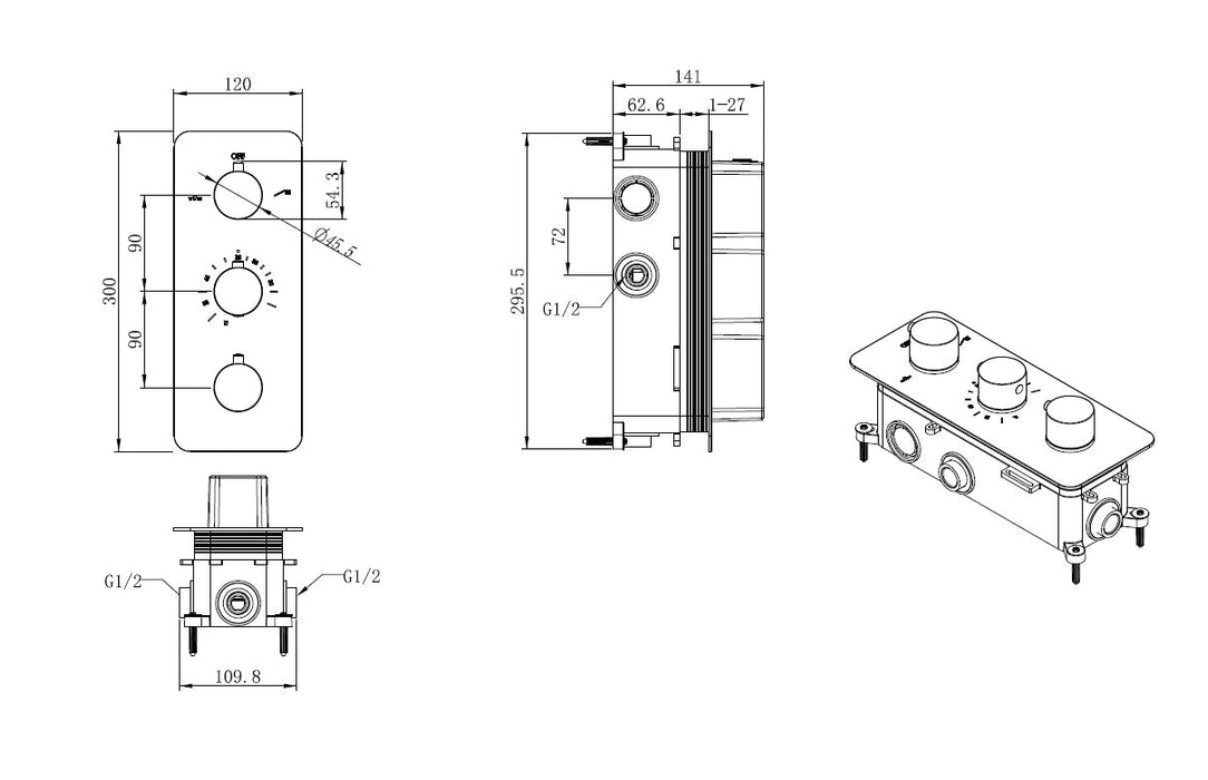 Best-Design Magna inbouw thermostaat & Inb.box 3 weg 1/2 ronde knoppen