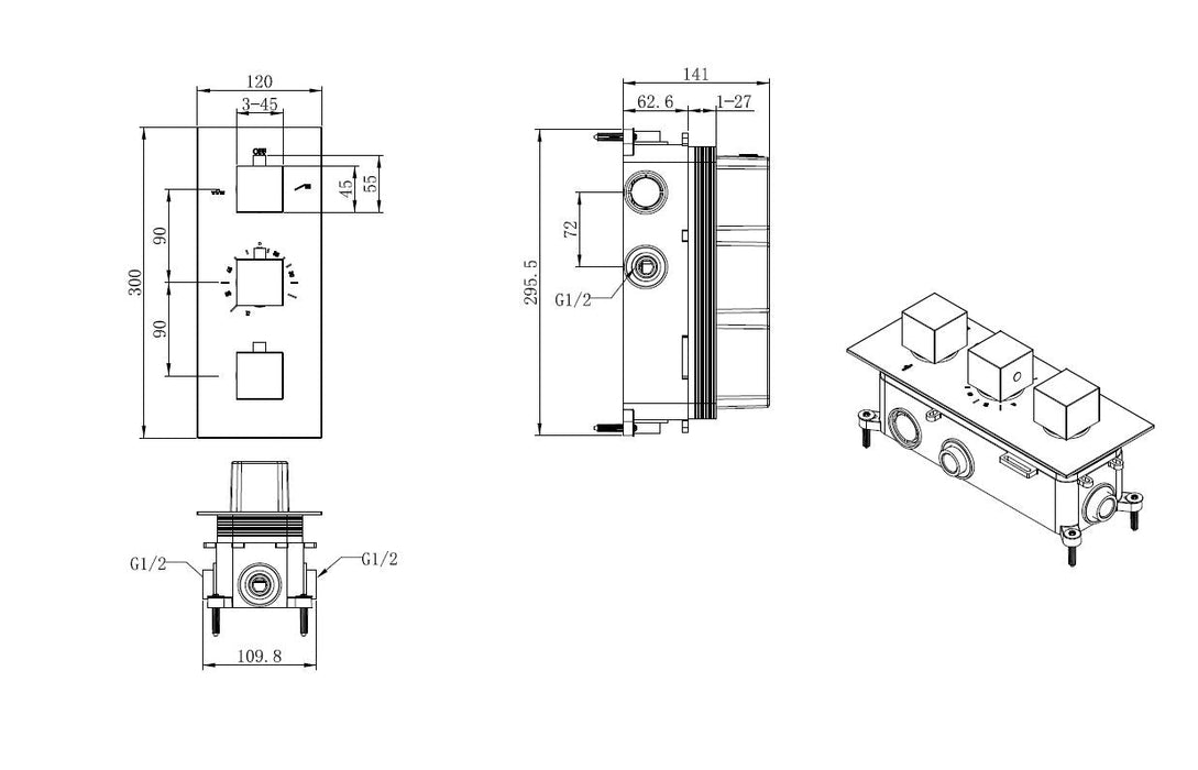 Best-Design Sano inbouw thermostaat & Inb.box 3 weg 1/2 vierkante knoppen