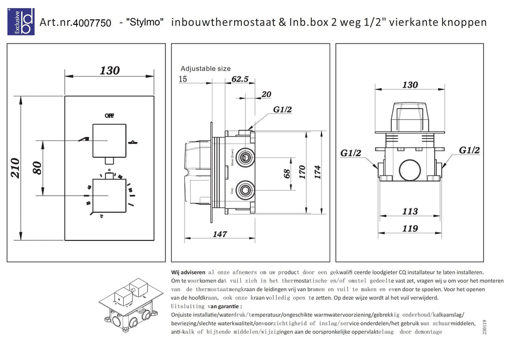 Best-Design Stylmo inbouwthermostaat & inb.box 2-weg 1/2 Nero vierkante knoppen