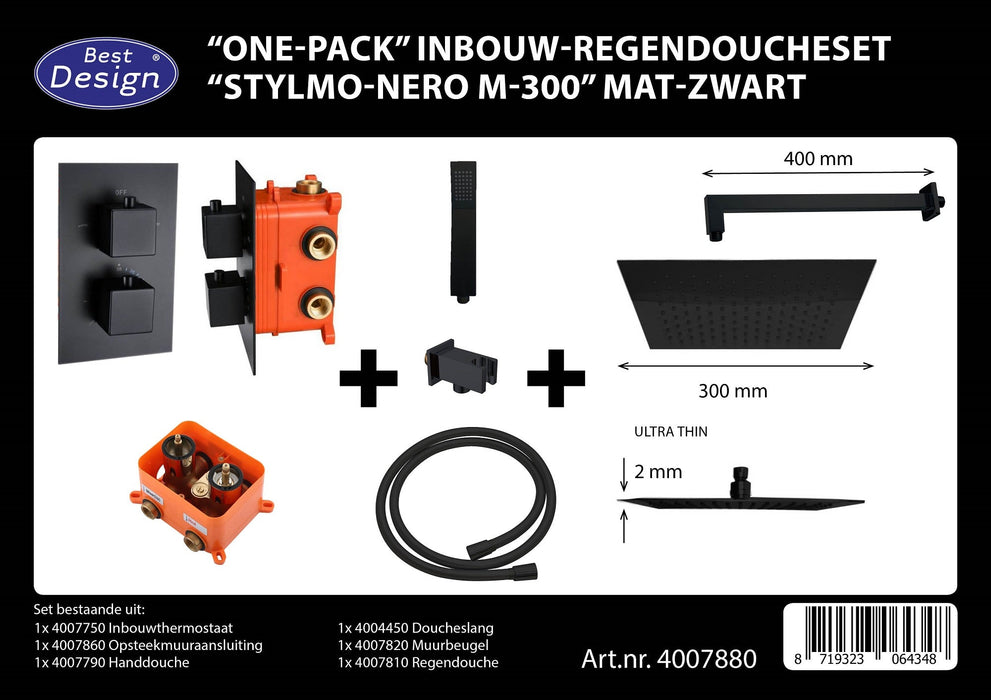 Best-Design One-Pack inbouw-regendoucheset Stylmo-Nero M-300 Mat-Zwart