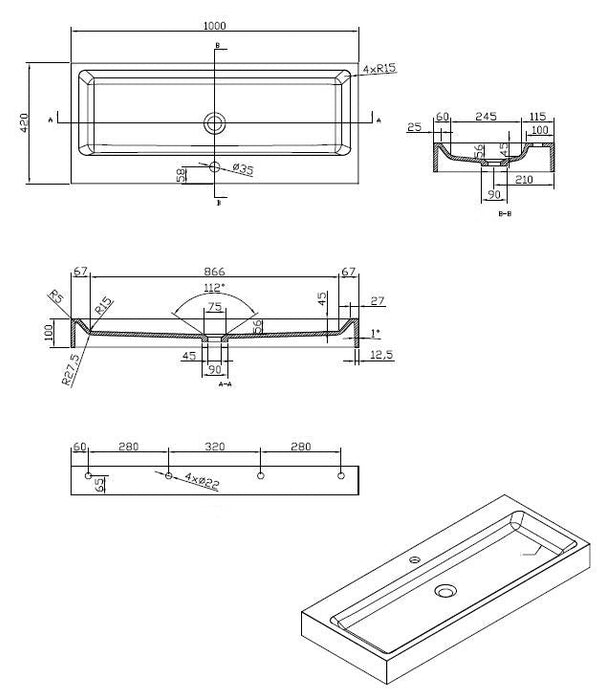Best-Design Nero-Opera-100 wastafel Just-Solid 100x42x10cm Zwart