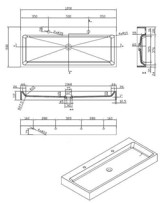 Best-Design Nero-Opera-120 wastafel Just-Solid 120x50x11cm Zwart
