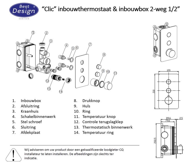 Best-Design Clic-Nero inbouwthermostaat & inb.box 2-weg 1/2