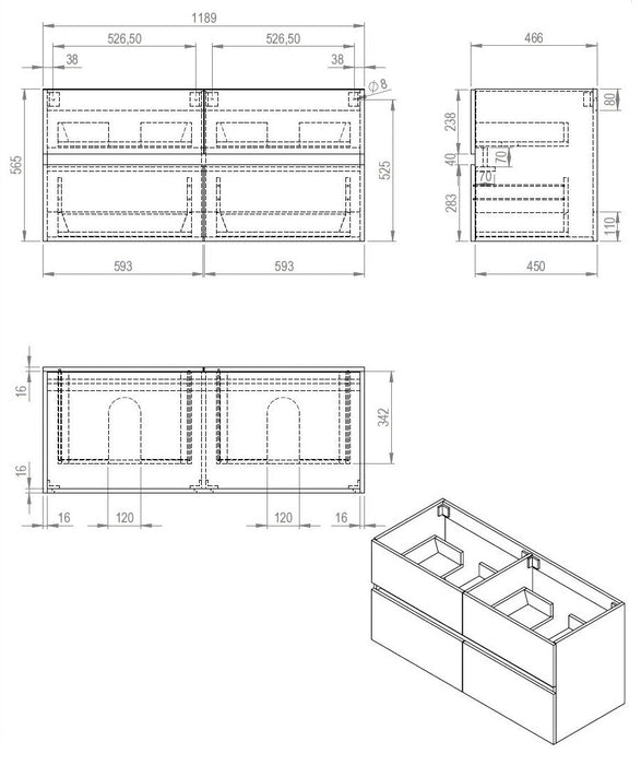 Best-Design Bora-Grey-Greeploos meubel onderkast 4 laden zonder wastafel 120 cm