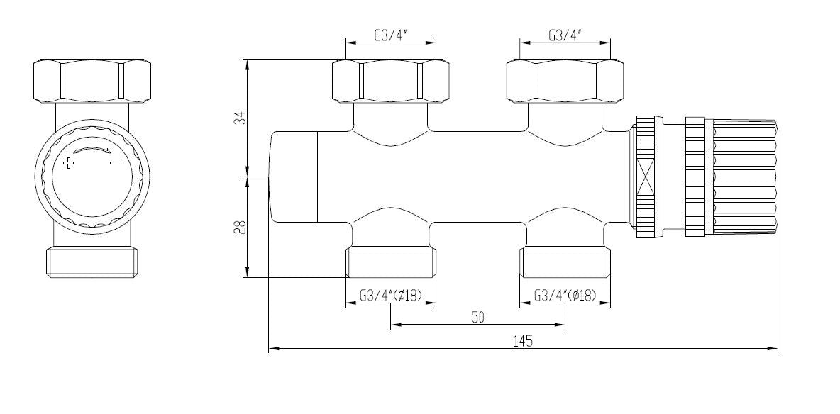 thermostatisch 3/4 onderblok recht chroom