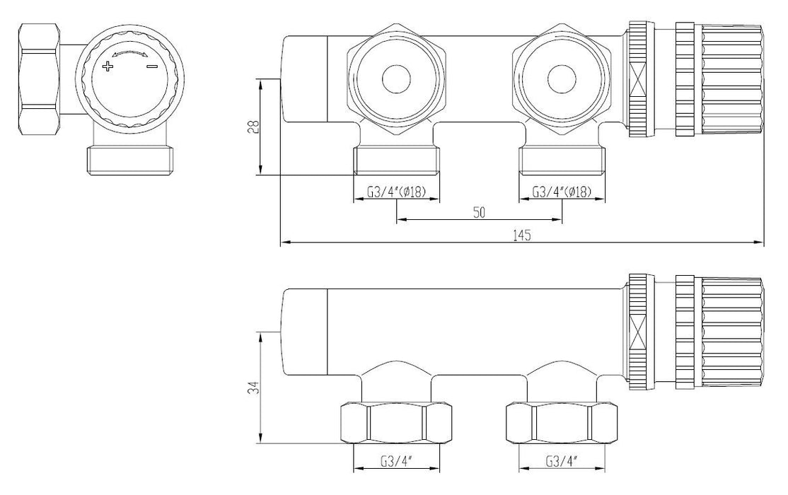 thermostatisch 3/4 onderblok haaks-links chroom