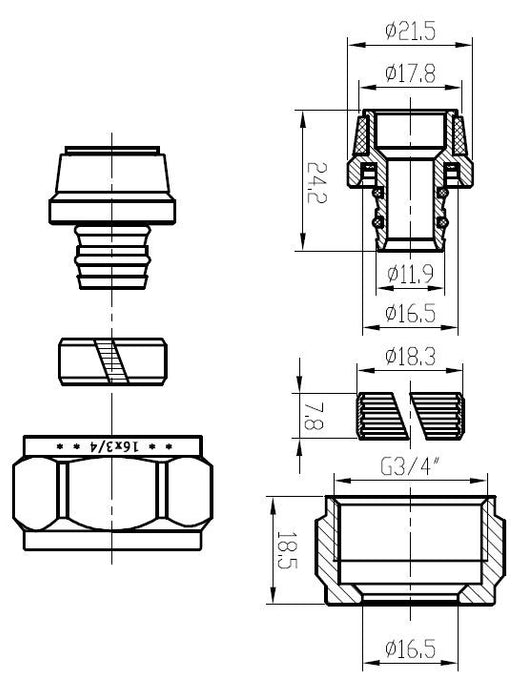 luxe adaptor 16x2,0 Eurok. chroom