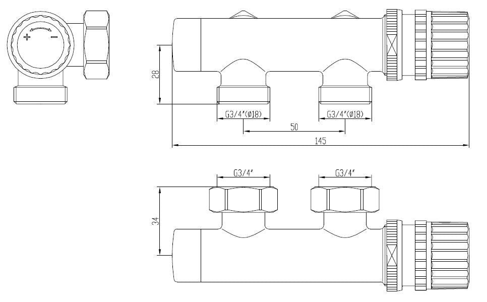 thermostatisch 3/4 onderblok haaks-rechts chroom