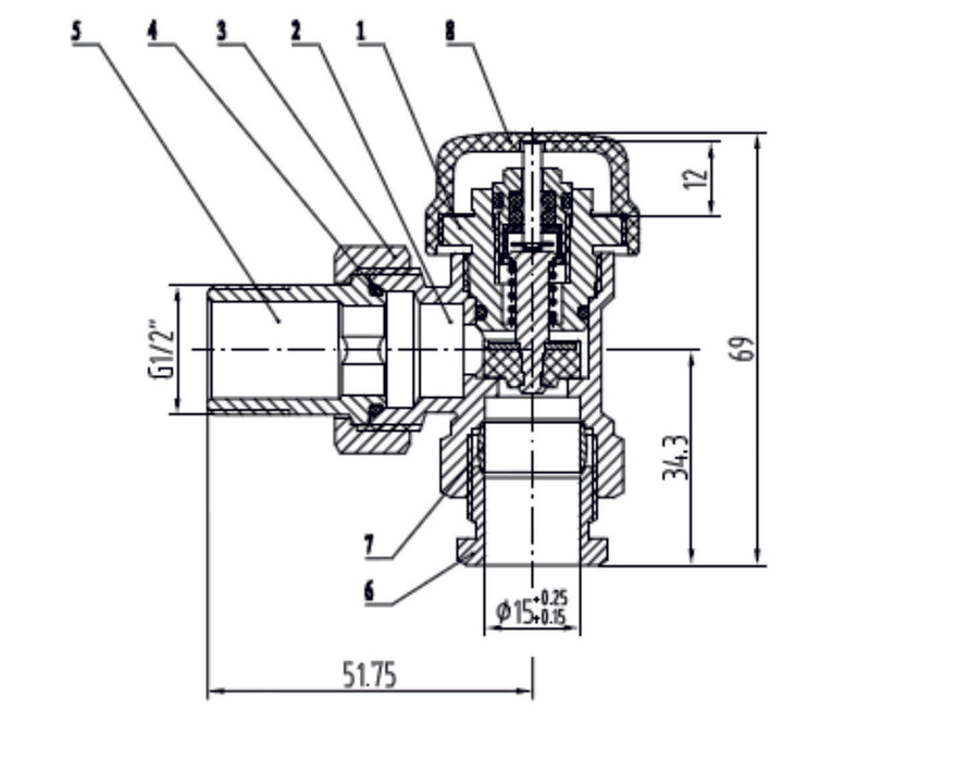 thermostatisch ventiel zonder knop 1/2 haaks+adaptor