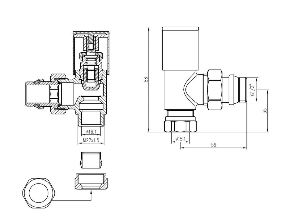 luxe radiatorventiel 1/2''x15 (M22) knel haaks chroom