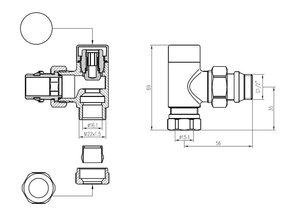 luxe regeltee 1/2''x15 (M22) knel haaks chroom