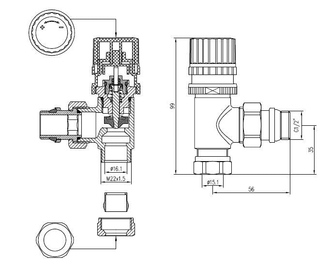 luxe therm.voorber.vent.1/2''x15 (M22) knel haaks chroom