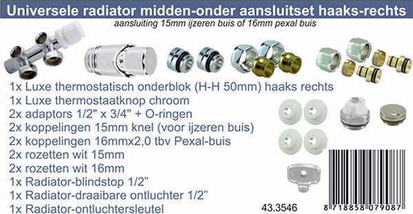 set onderblok compl. haaks (rechts) 16x2,0 +15 knel chroom