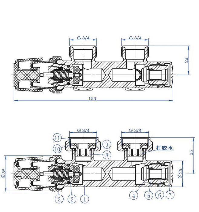 thermostatisch 3/4 onderblok haaks-rechts mat zwart