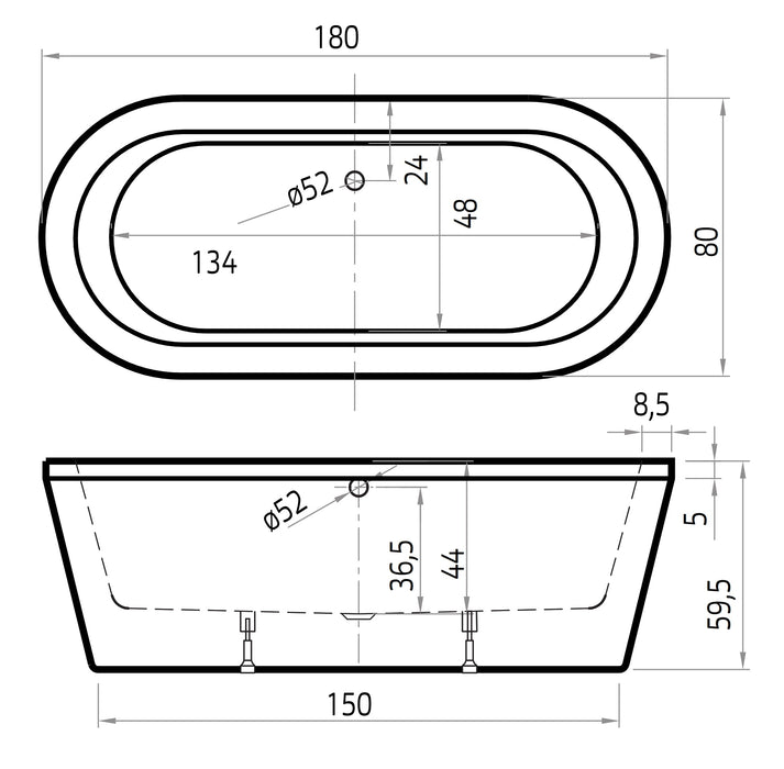 Luca  180x80x60 wit incl. 7006 badafvoer/vulcombinatie zwart mat