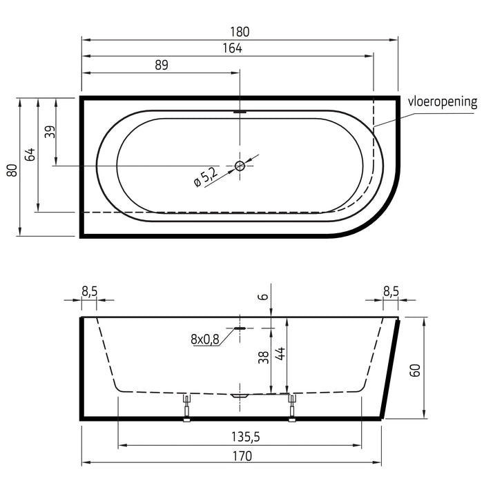 Charley Links  180x80x60 wit, sleuf overloop, waste wit glans