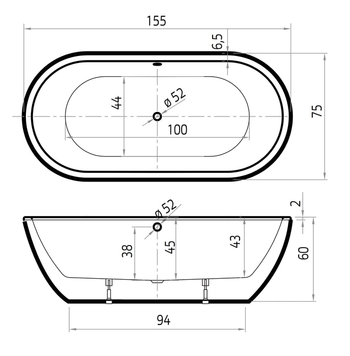 Rens XS  155x75x60  wit met afvoer/overloopcombinatie zwart mat