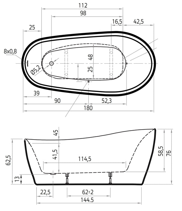 Isa  180x85 62/76 wit incl. 7006 badafvoer/vulcombinatie goud geborsteld