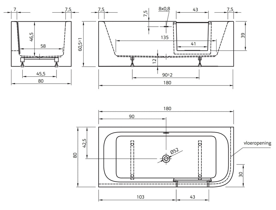 GO! inloop douchebad 180 x 80 cm Links wit incl. douchescherm, sleuf overloop waste in geb.goud