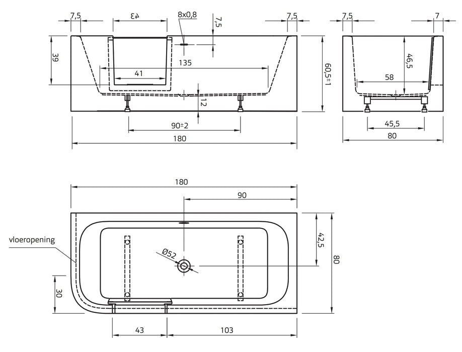GO! inloop douchebad 180 x 80 cm Rechts wit, incl. douchescherm, badafvoer/vulcombinatie in  mat wit
