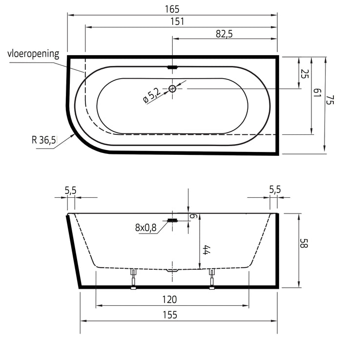 Charley XS Rechts  165x75 wit incl. 7006 badvulcombi  grafiet